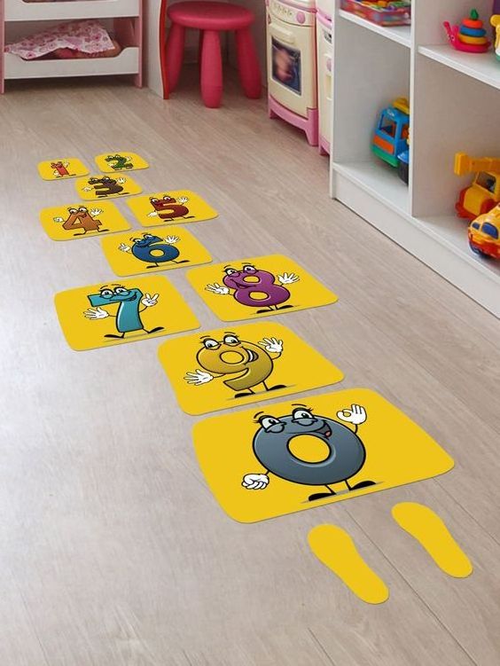 Funny Number Hopscotch Game Floor Stickers Creative Cartoon Lattice Floor Decals for Kids DIY Game Decal for Bedroom