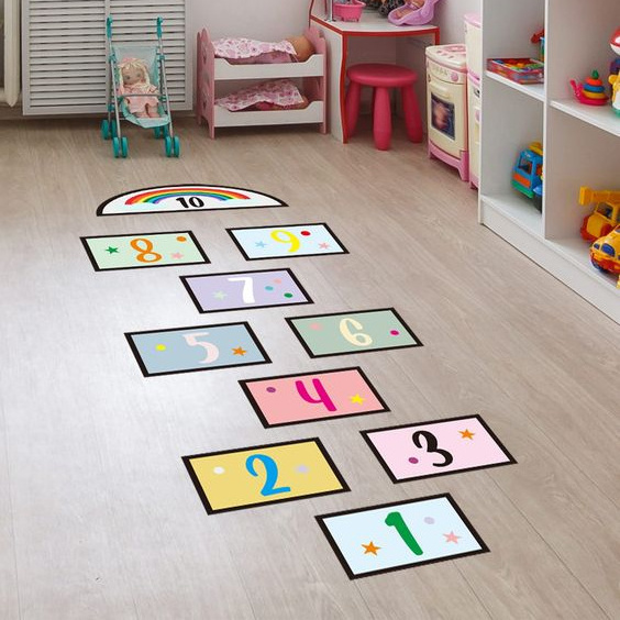 Funny Number Hopscotch Game Floor Stickers Creative Cartoon Lattice Floor Decals for Kids DIY Game Decal for Bedroom