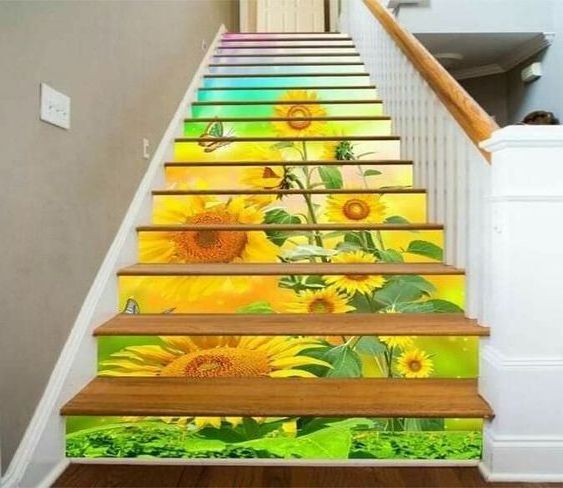 Custom stair stickers with 3D Flowers Mountain Sunset Stair  Wallpaper styles of self-adhesive stickers