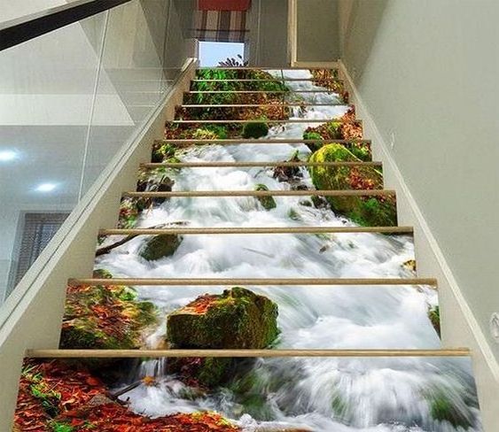 custom printed waterfall stair wall decoration promotion product adhesive vinyl 3d stair riser decals