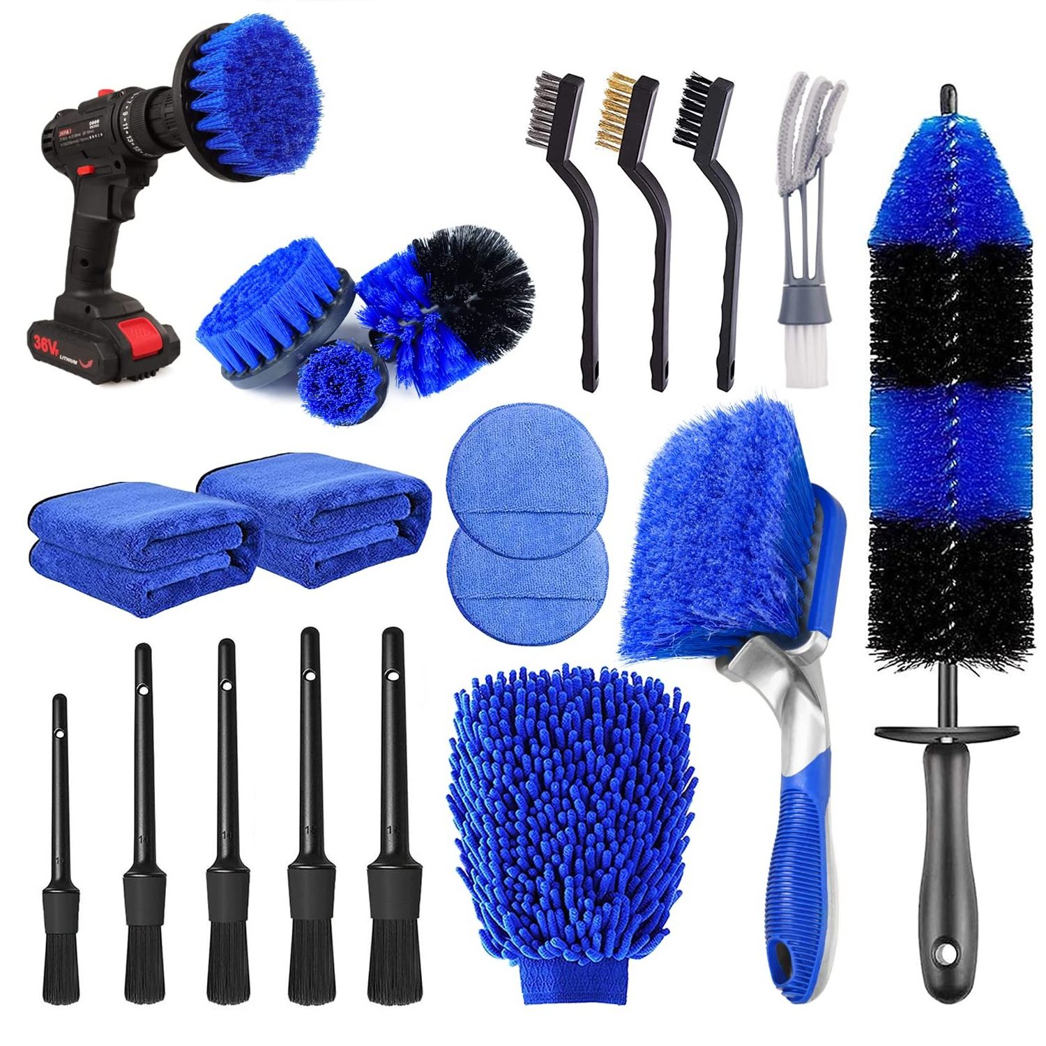 20 Pcs Car Detailing Brush Set Automatic Drill Clean Wash Brushes Buffing Sponge Pads Car Cleaning Tools Kits