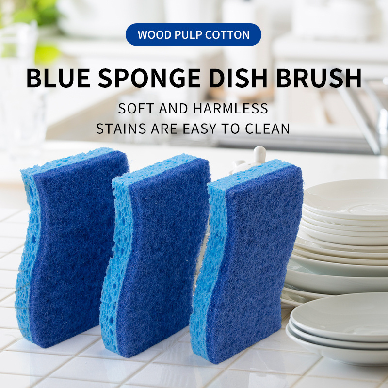 Blue Dishwashing Sponge Home Kitchen Magic Clean Wood Pulp Cotton Scouring Pad Washing Wood Pulp Cellulose Cleaning Sponge