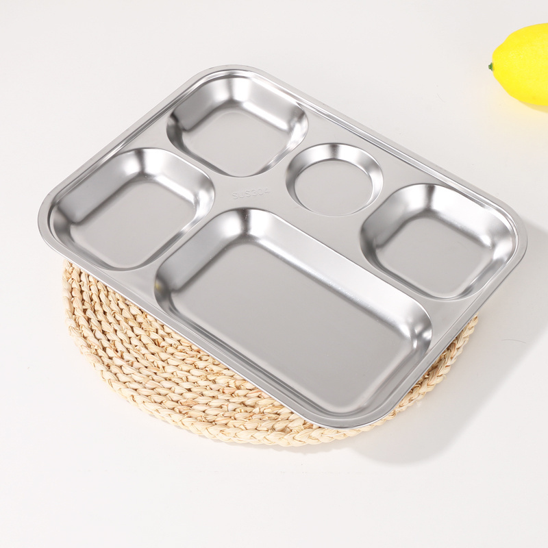 Stainless Food Tray 5 Compartments Serving Trays Metal  Mess Tray for School Restaurant Canteen