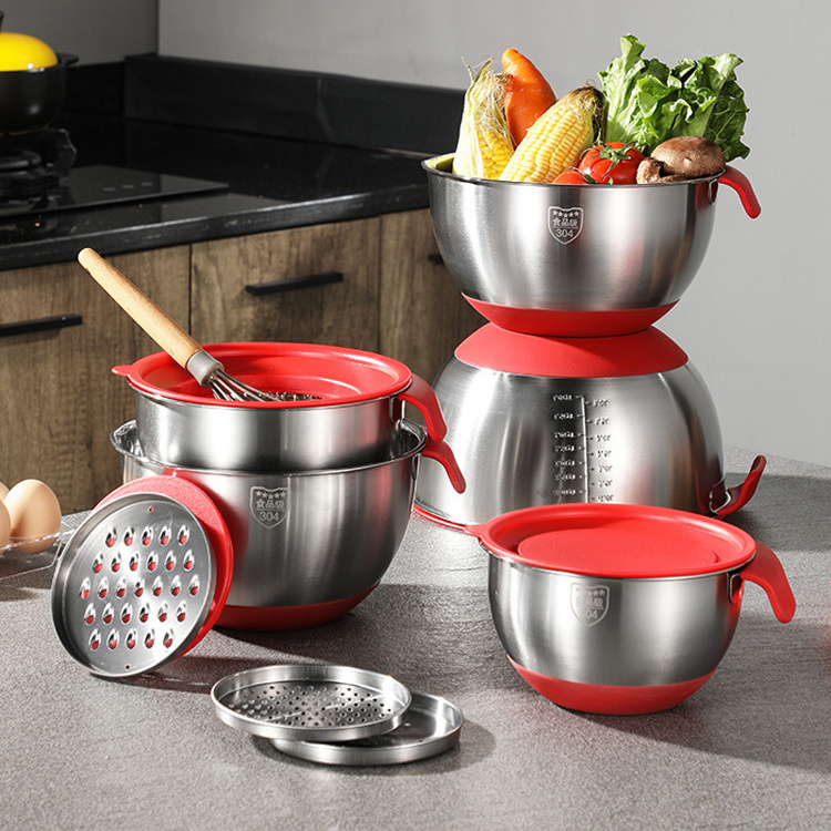 Hot Sale 6pcs Stainless Steel Nesting Mixing Bowls Set Modern round Design with Non-slip Silicone Bottom Grater for Restaurants