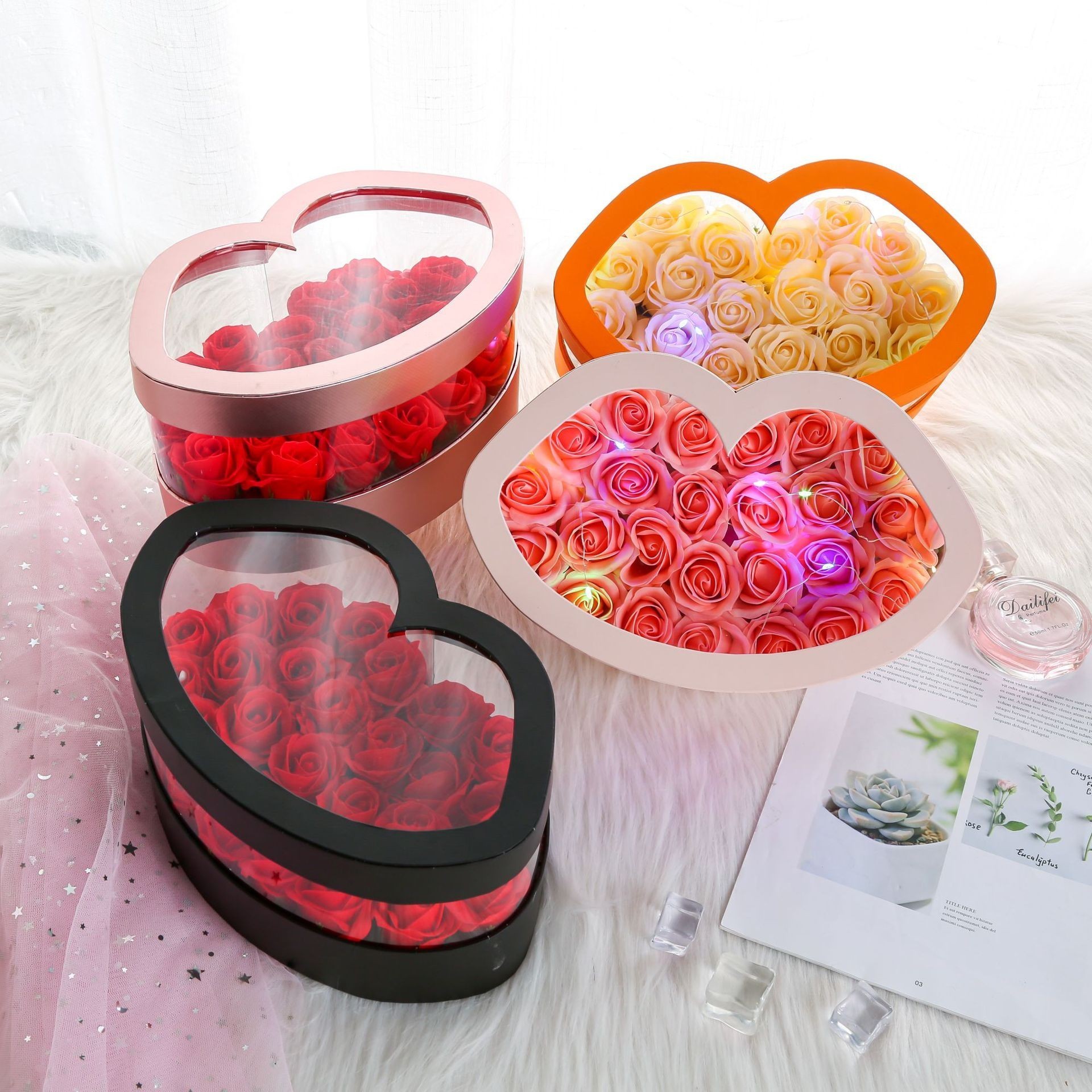 New creative lip shaped flower box PVC transparent film eternal flower gift box Valentine's Day gift box