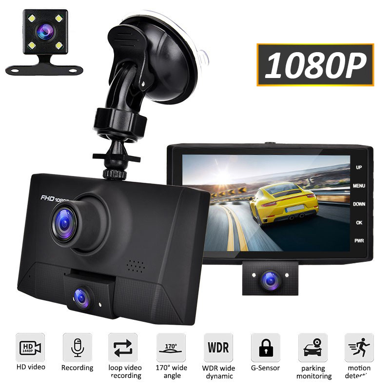 3 Lens Camera Dashboard Driving Recorder Full HD 1080P Car DVR 4K Dash Cam Video Recorder with WDR G-Sensor Parking Monitor