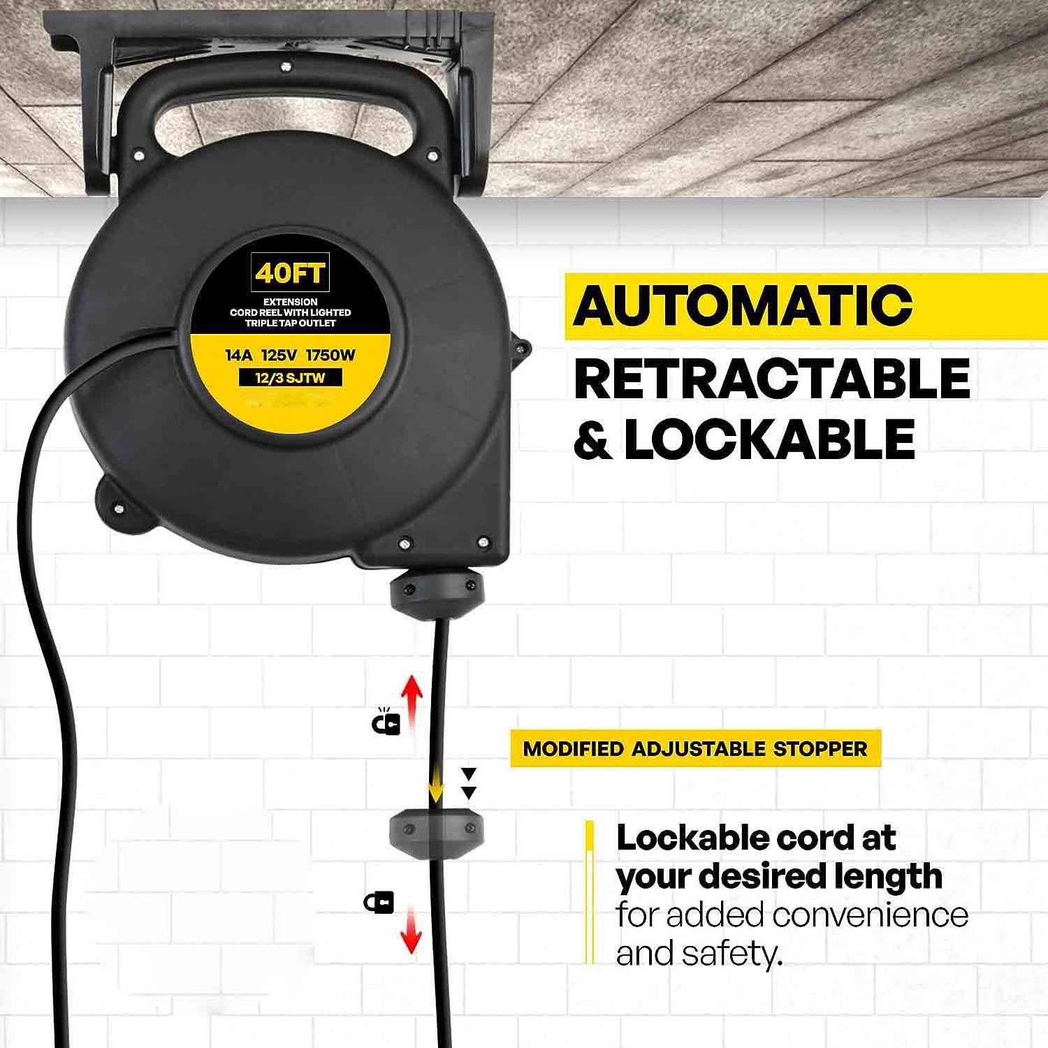 Retractable Extension Cord Reel with Light Indicator - 14/3 Cord Reel 40 FT - Triple Outlet Electric Cord Reel