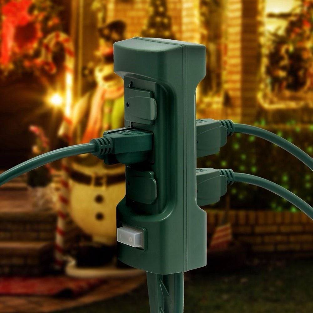 6 Outlet Outdoor Power Stake with Cover and On Off Switch Weatherproof Extension Cord, Timer Setting Green, ETL Certified