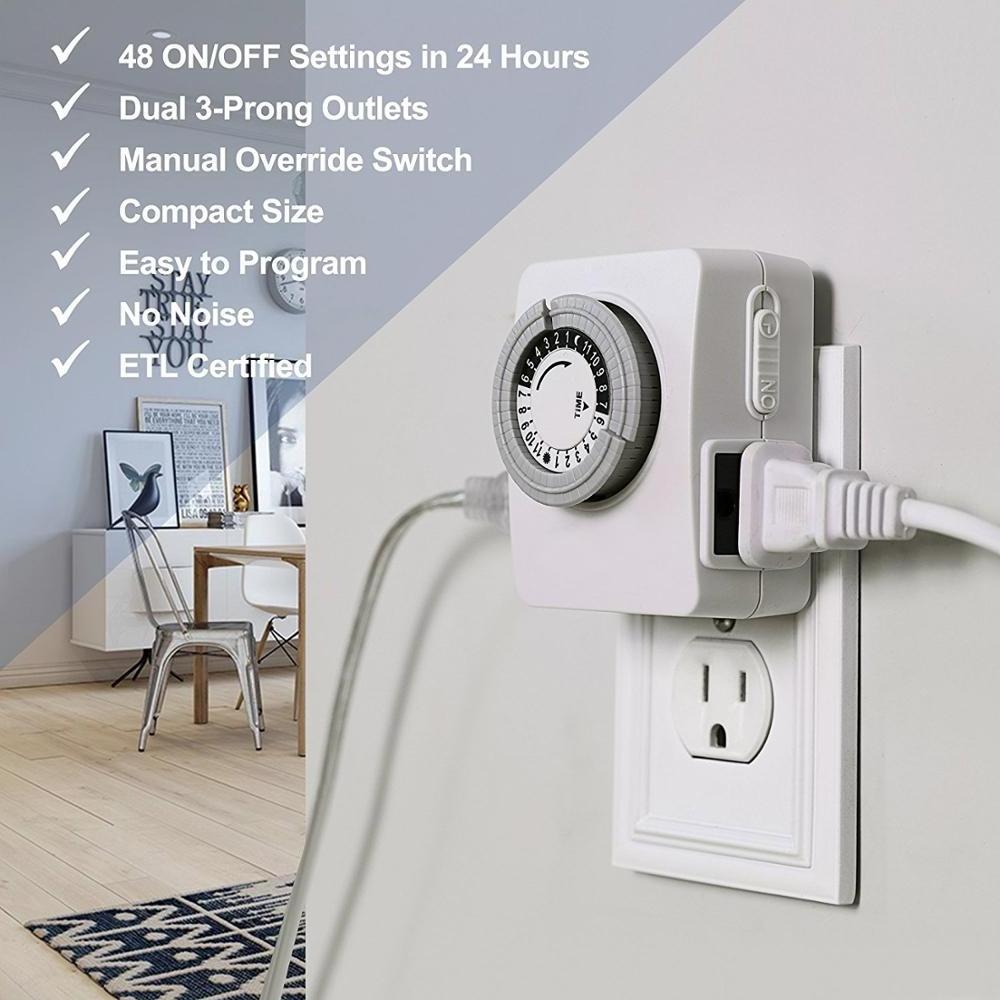 Indoor Mechanical Outlet Timer, 24 Hour Programmable Plug In Light Timer Switch for Electrical Outlets with 2 Grounded Outlets