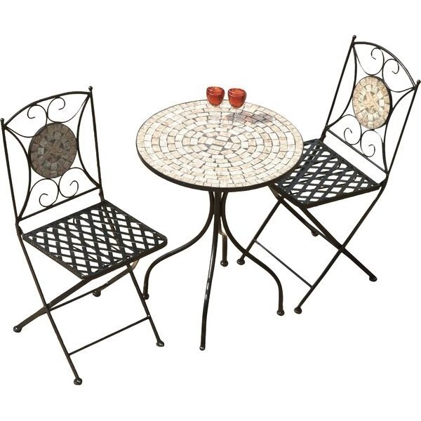 Outdoor Garden Furniture Set with Round Mosaic Coffee Table & 2 Folding Chairs Portable 3 Pieces Patio Bistro Set