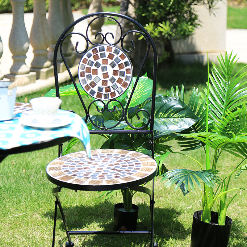 Outdoor Furniture Foldable Iron Metal  Patio Bistro Set Mosaic Table And Chair Dining Table Set with 2 Seater