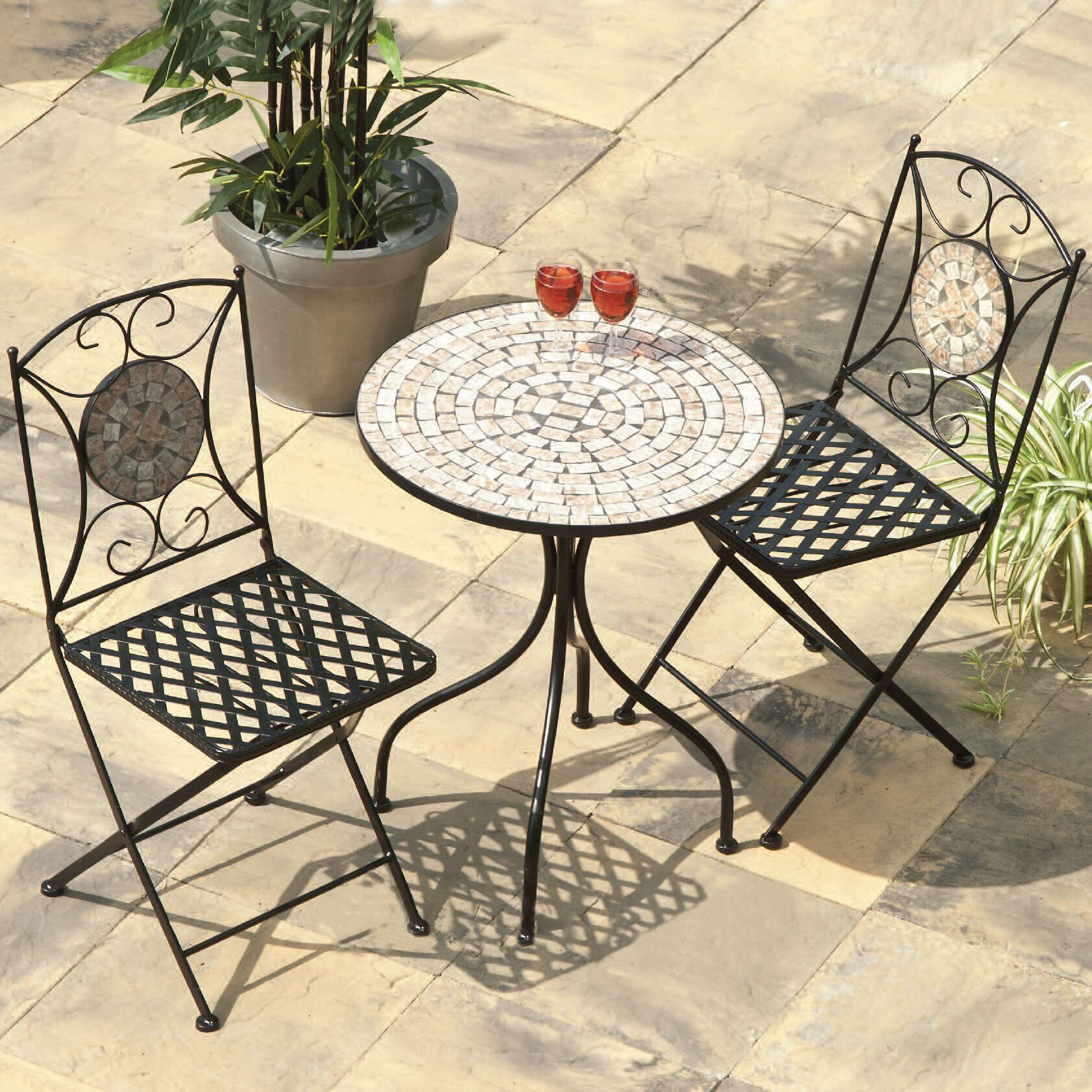 Outdoor Garden Furniture Set with Round Mosaic Coffee Table & 2 Folding Chairs Portable 3 Pieces Patio Bistro Set