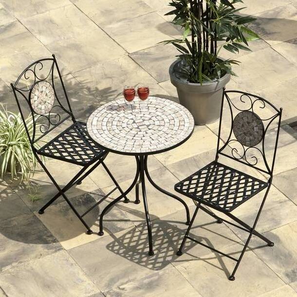 Outdoor Garden Furniture Set with Round Mosaic Coffee Table & 2 Folding Chairs Portable 3 Pieces Patio Bistro Set