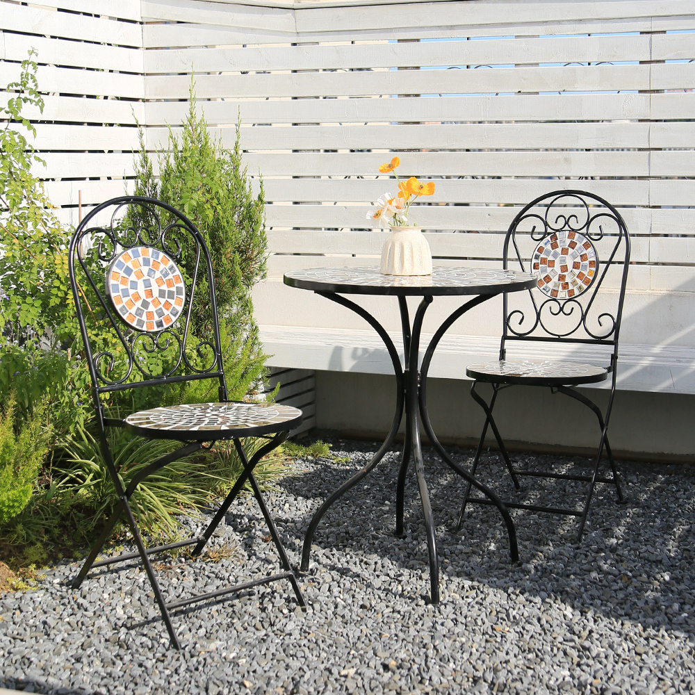 Wrought Iron Metal Folding Table and Chair Mosaic Bistro Set Outdoor Furniture 3 Piece Garden Cafe Dining Set