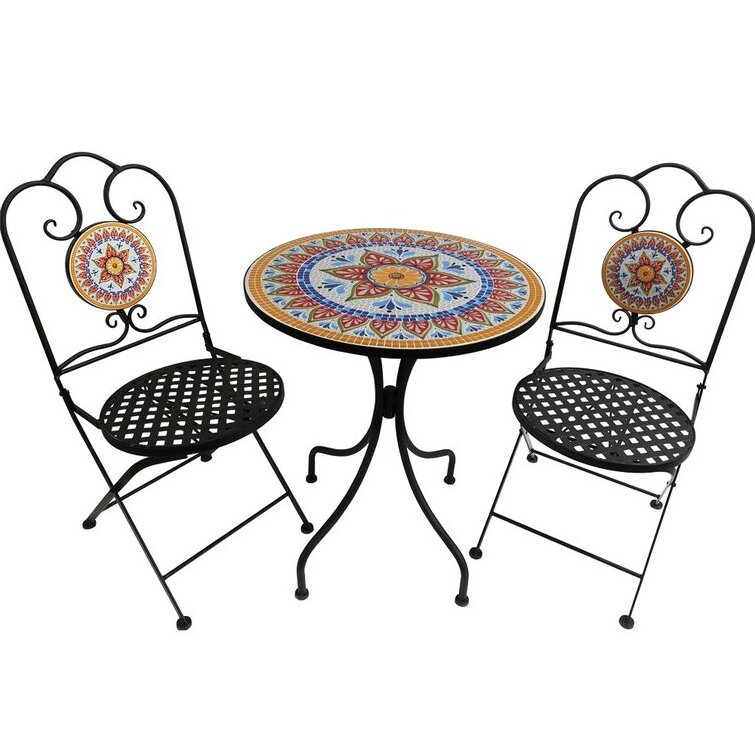 Patio Dining Set Round Mosaic Table with 2 Patio Folding Chairs Garden Outdoor Table and Chairs