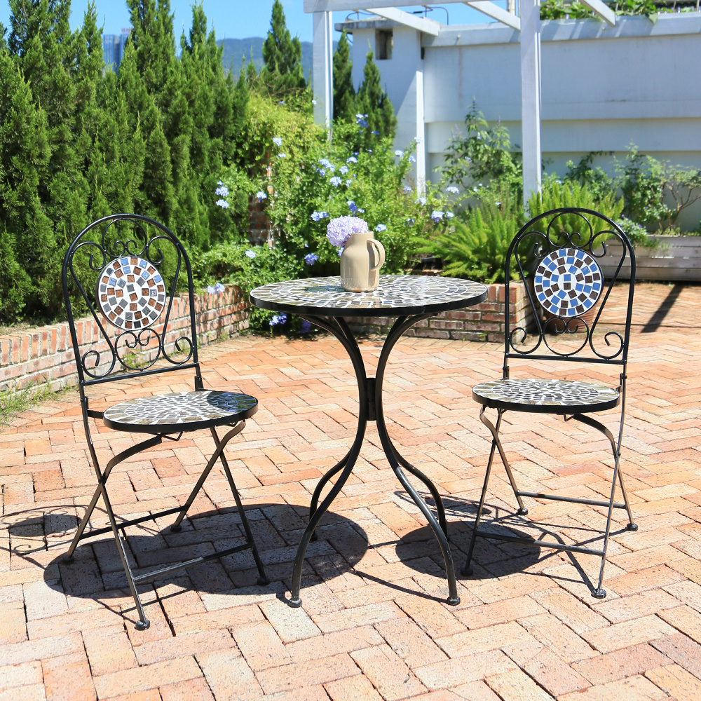 Wrought Iron Metal Folding Table and Chair Mosaic Bistro Set Outdoor Furniture 3 Piece Garden Cafe Dining Set