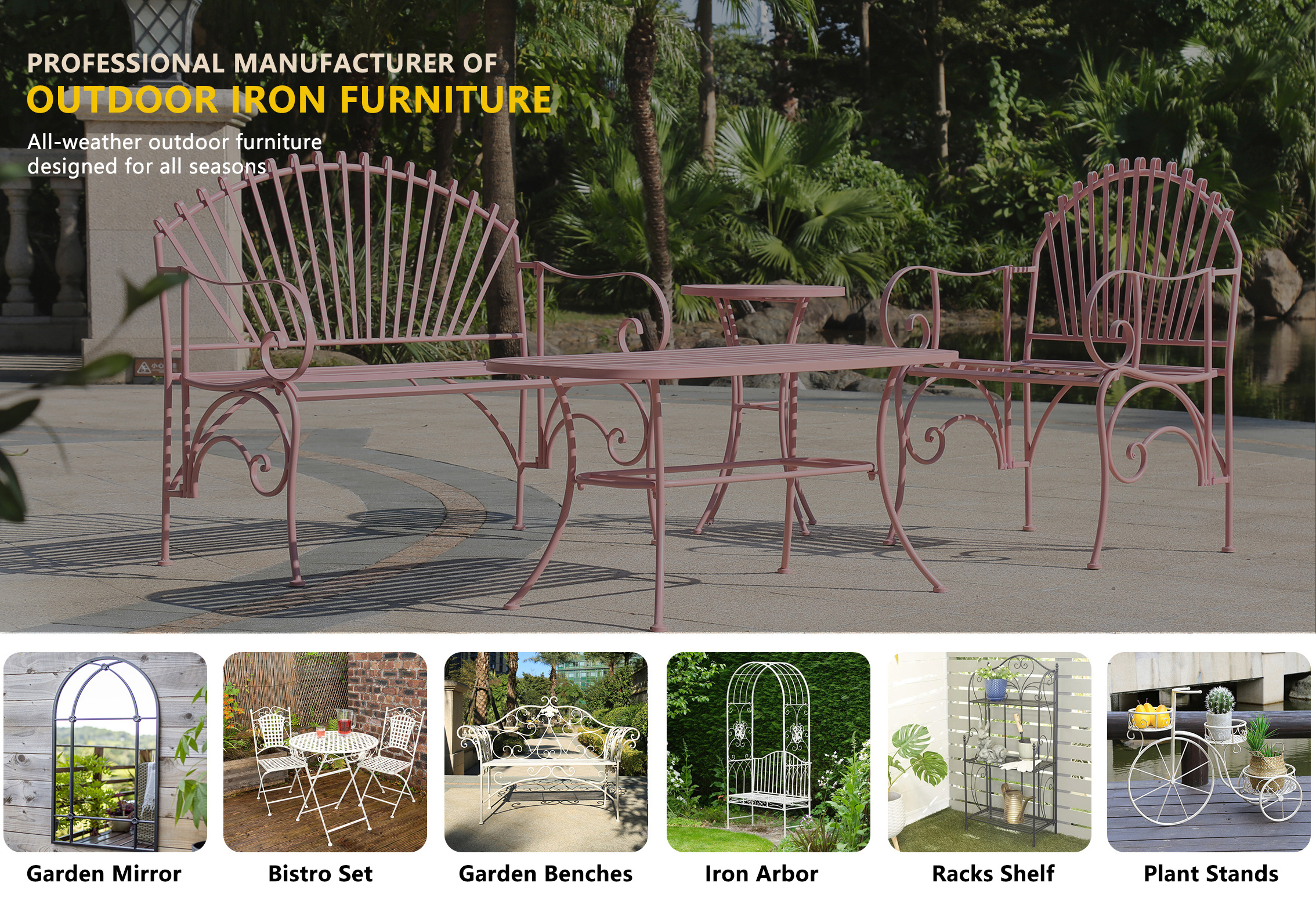 Hot Sale European Rust Proof Foldable Outdoor Bench Antique Wrought Iron Metal Patio Garden Bench