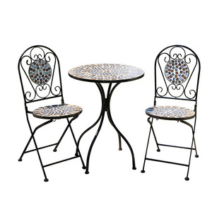 Outdoor Furniture Foldable Iron Metal  Patio Bistro Set Mosaic Table And Chair Dining Table Set with 2 Seater