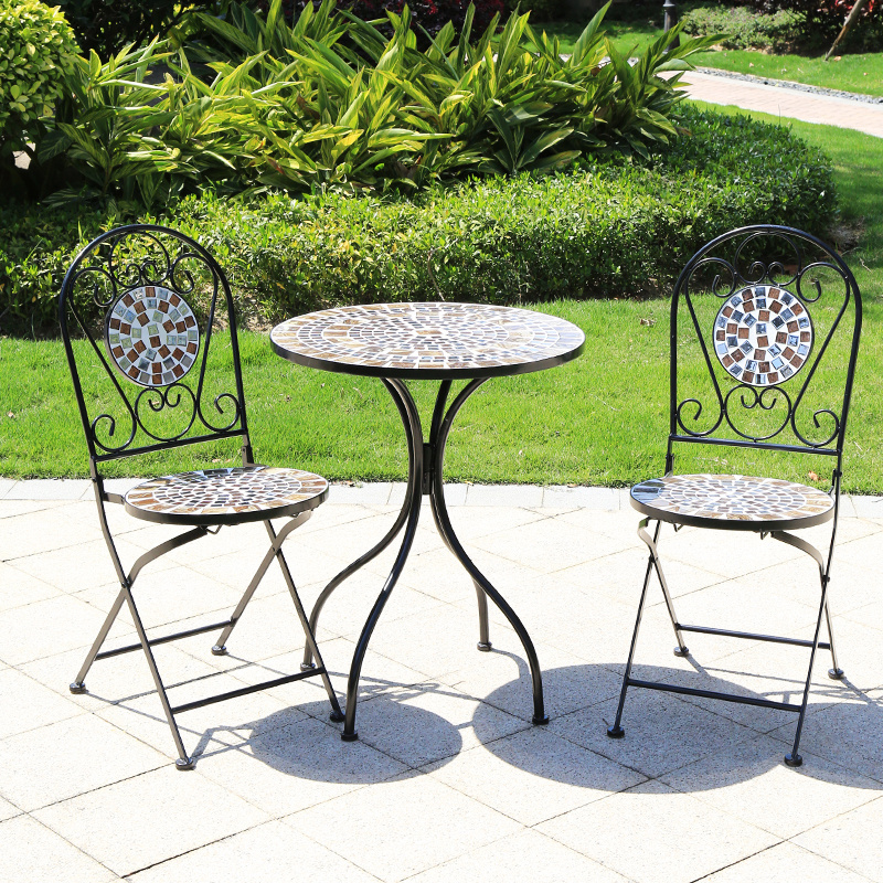 Outdoor Furniture Foldable Iron Metal  Patio Bistro Set Mosaic Table And Chair Dining Table Set with 2 Seater