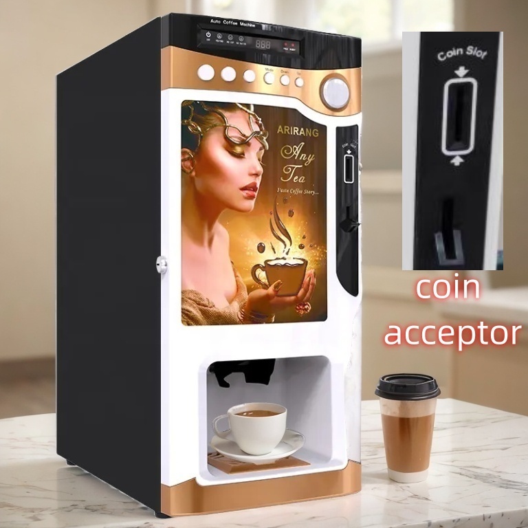 Stainless Steel Coin Payment 3 Canister Premixed Hot Drink Dispenser Latte Coffee Maker Machine