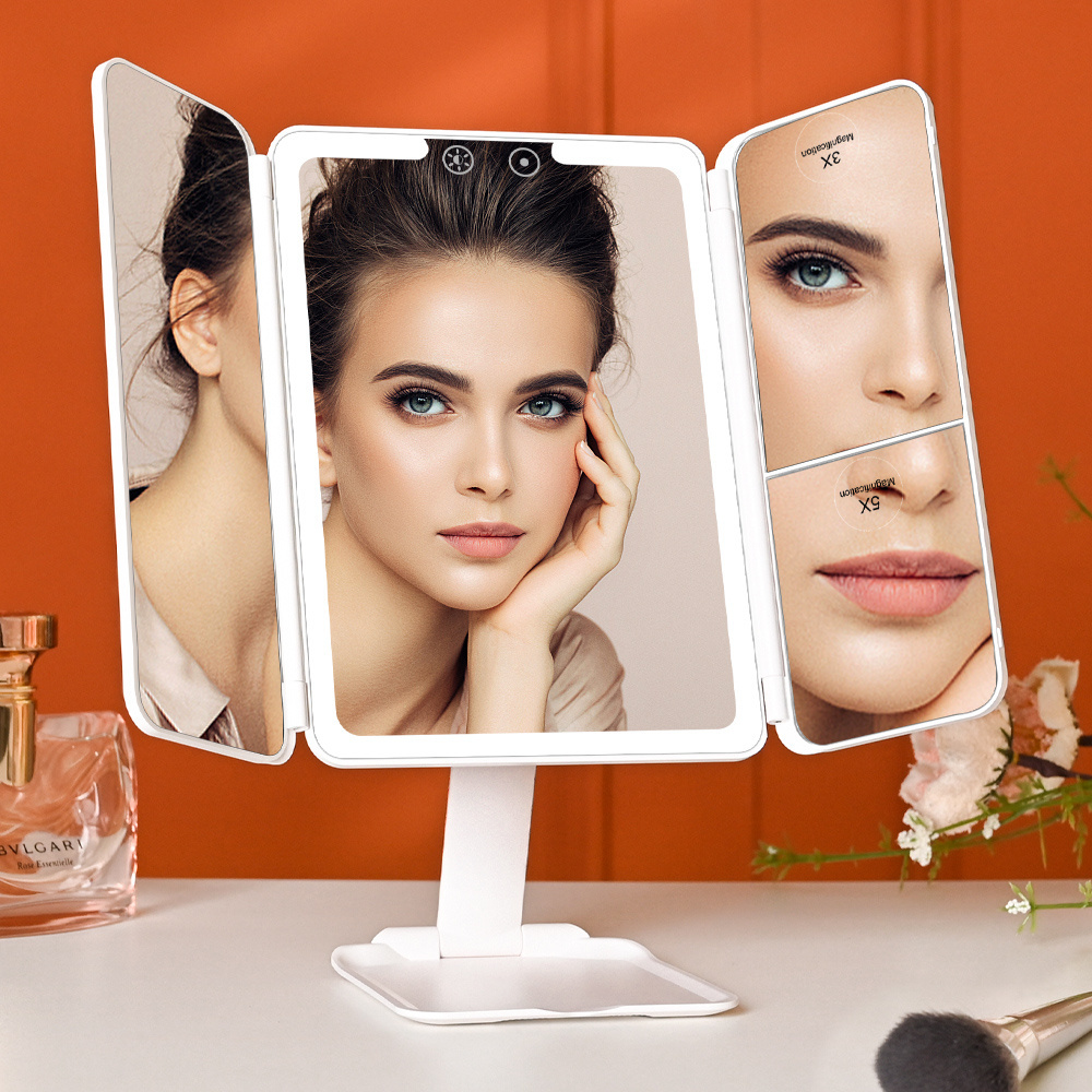 USB Rechargeable Touch Screen Led Cosmetic Magnifying Mirror Trifold Vanity Travel Portable Makeup Mirror With 3 Color Lights