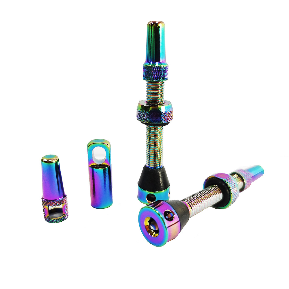 Iridescent 44mm Bicycle Tubeless Valve Stems with Valve Core Removal Tool for Tubeless Tires Includes Presta Valve Stem Caps