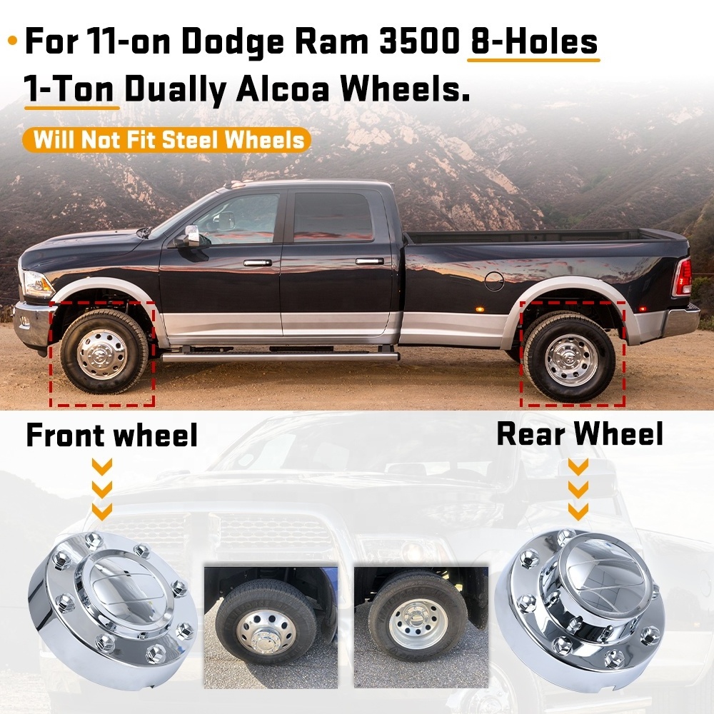 2* Front & 2* Rear Wheel Center Cap For 2011-on Dodge Ram 3500 1-Ton Dually Alcoa Alloy Chrome Center Hub Cap PQY-CAP06