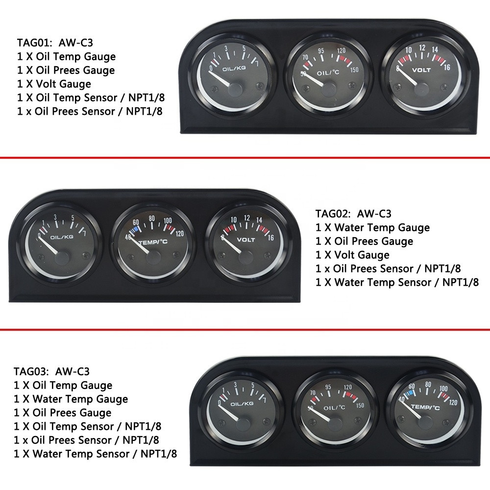 52mm Triple kit Oil Temp Gauge + Water Temp Gauge + Oil Pressure Gauge or Volt meter with Sensor 3in1 Car Meter PQY-TAG01/02/03