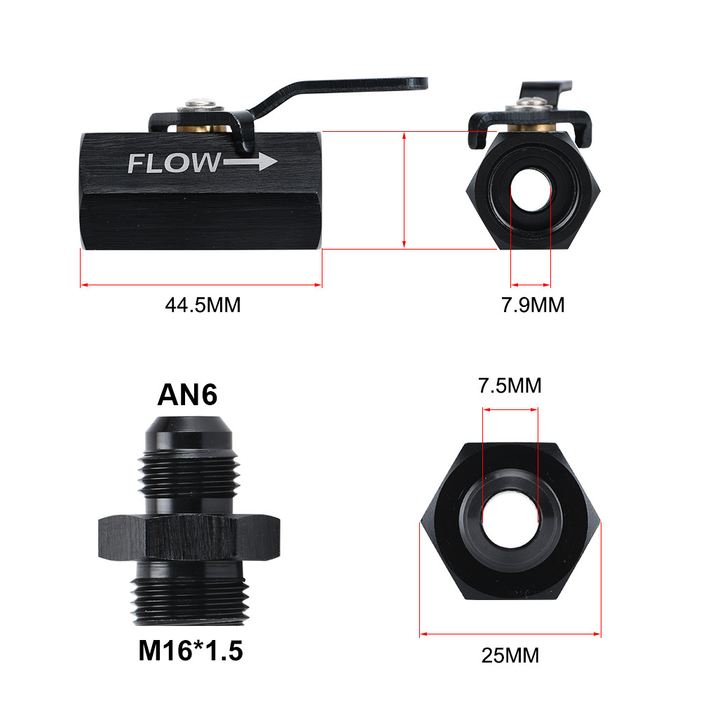 AN6 6AN Aluminum Inline Fuel Filter Shut Off Valve Cut Off w/ Cable Lever Black 1Pcs PQY-FSV06