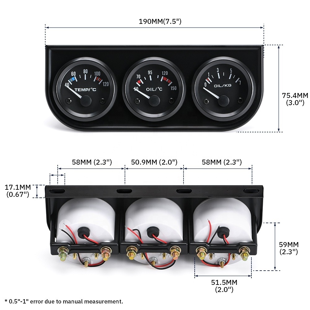 52mm Triple kit Oil Temp Gauge + Water Temp Gauge + Oil Pressure Gauge or Volt meter with Sensor 3in1 Car Meter PQY-TAG01/02/03