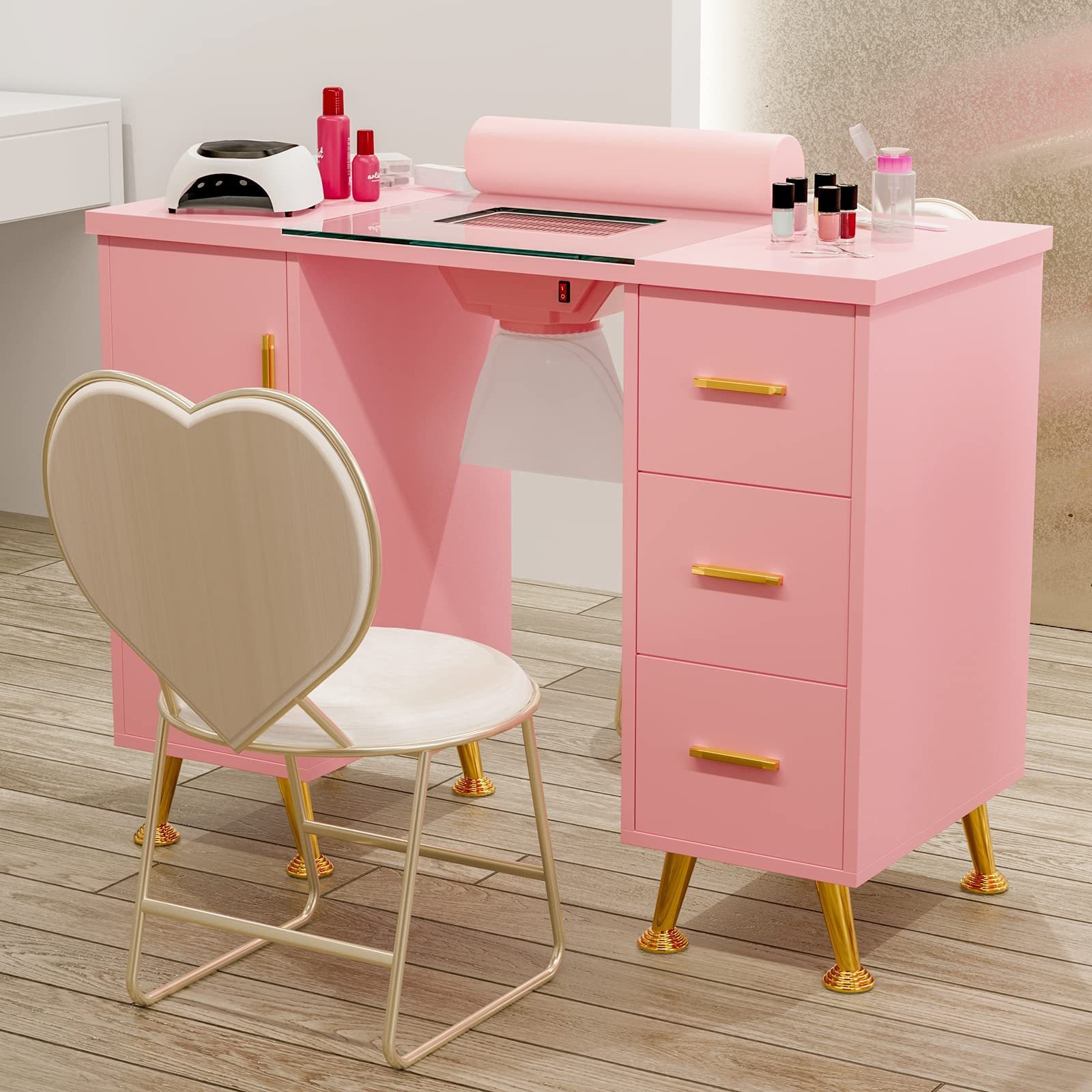 modern wooden pink Makeup Manicure Beauty nail tech Workstation Cabinet Storage desk salon furniture sets table with drawers