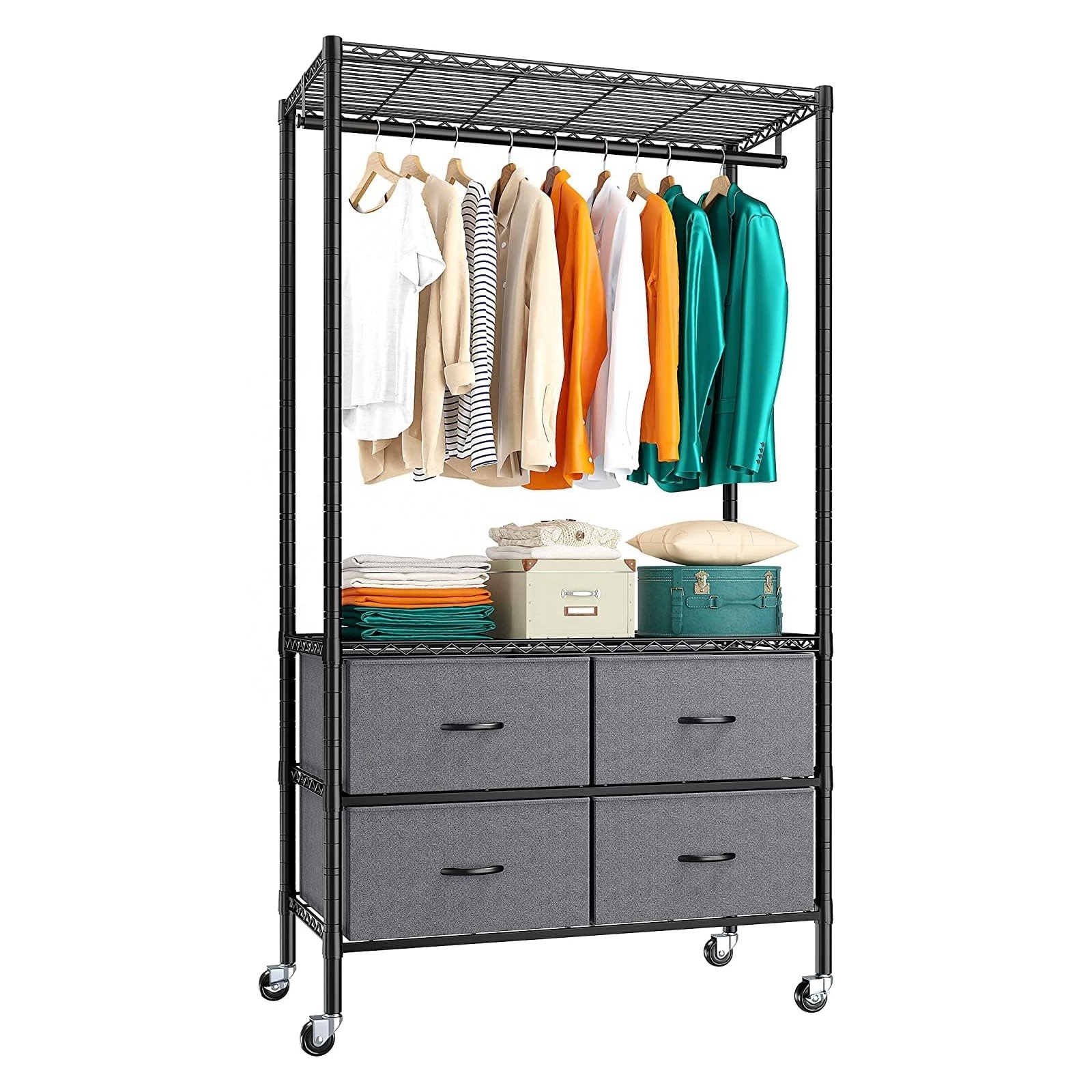 Heavy Duty home hanging Metal Wardrobe Closet clothes standing shelves Wire racks & rails for clothing store with wheels drawers