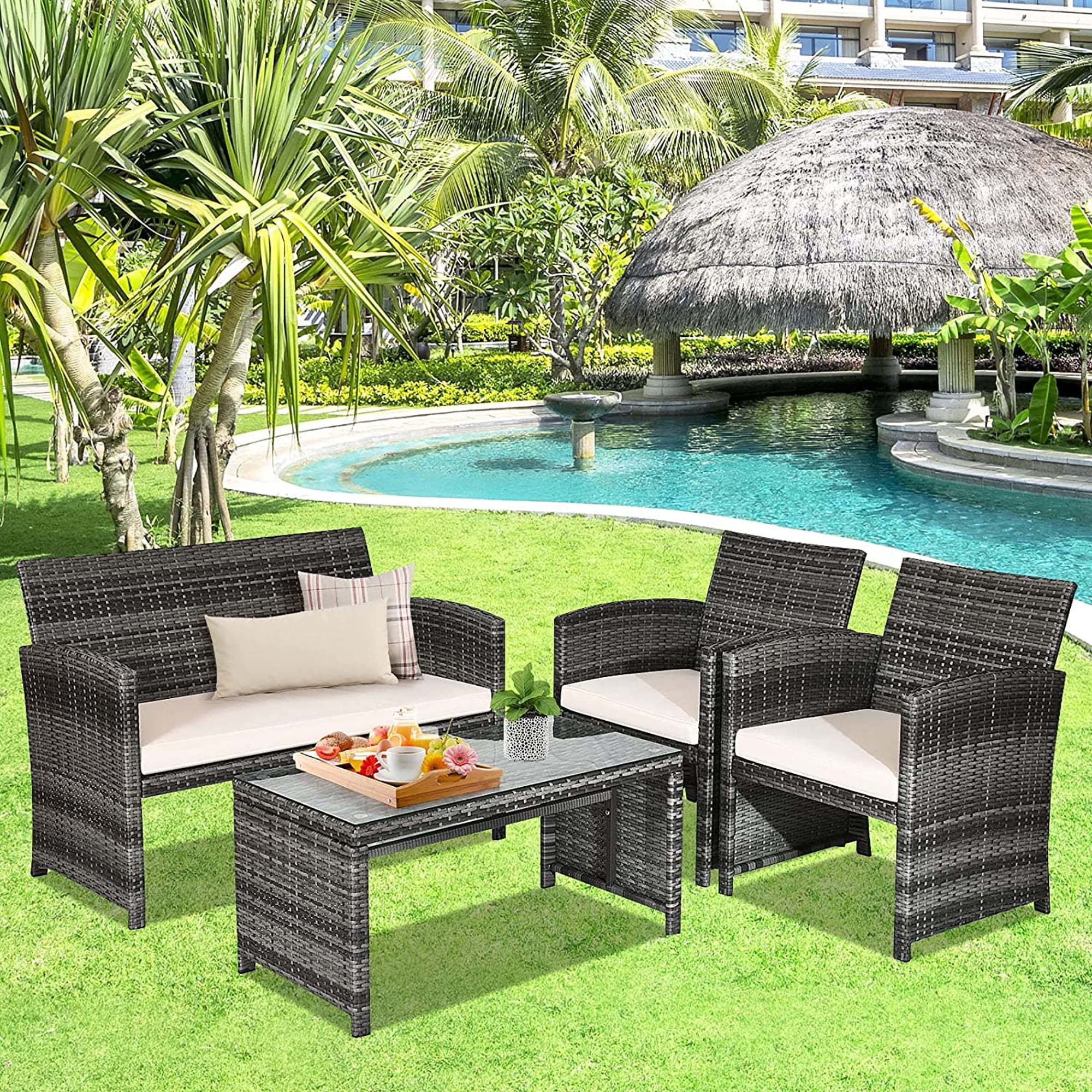 patio 4 pieces seaters cushions rattan Backyard Balcony outdoor garden patio sofa chairs furniture sets with Coffee Table