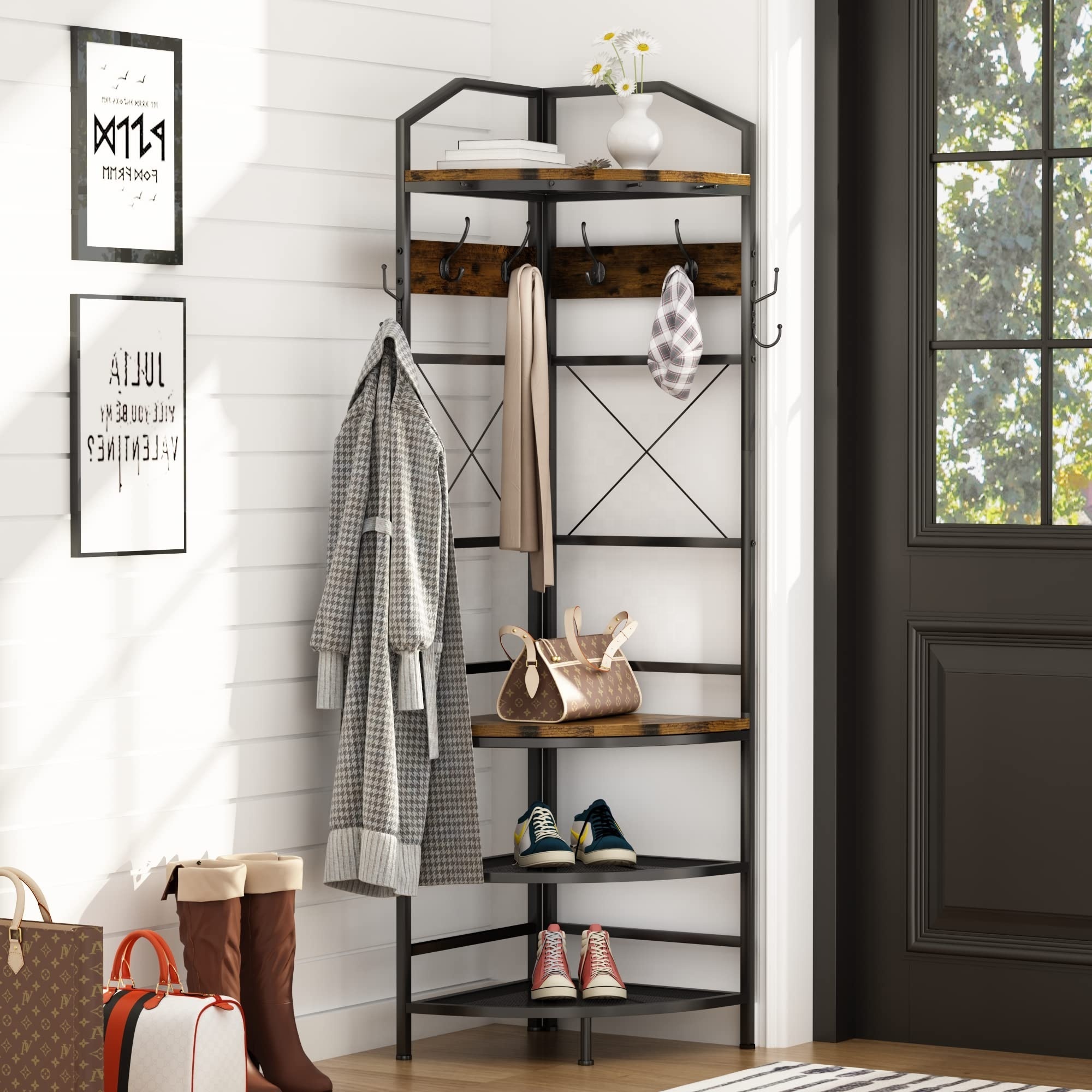 wooden L Shaped Closet storage Organizer Tribesigns Corner hanging Clothes stands shoe Rack shelf for store shop display