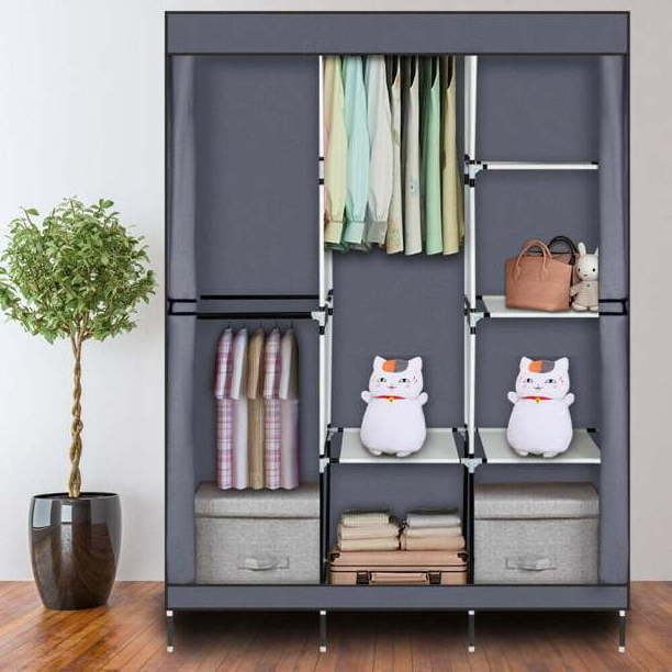 lockable waterproof free standing portable oxford canvas Gray clothes shelves closet storage organizer wardrobe with 3 hanging