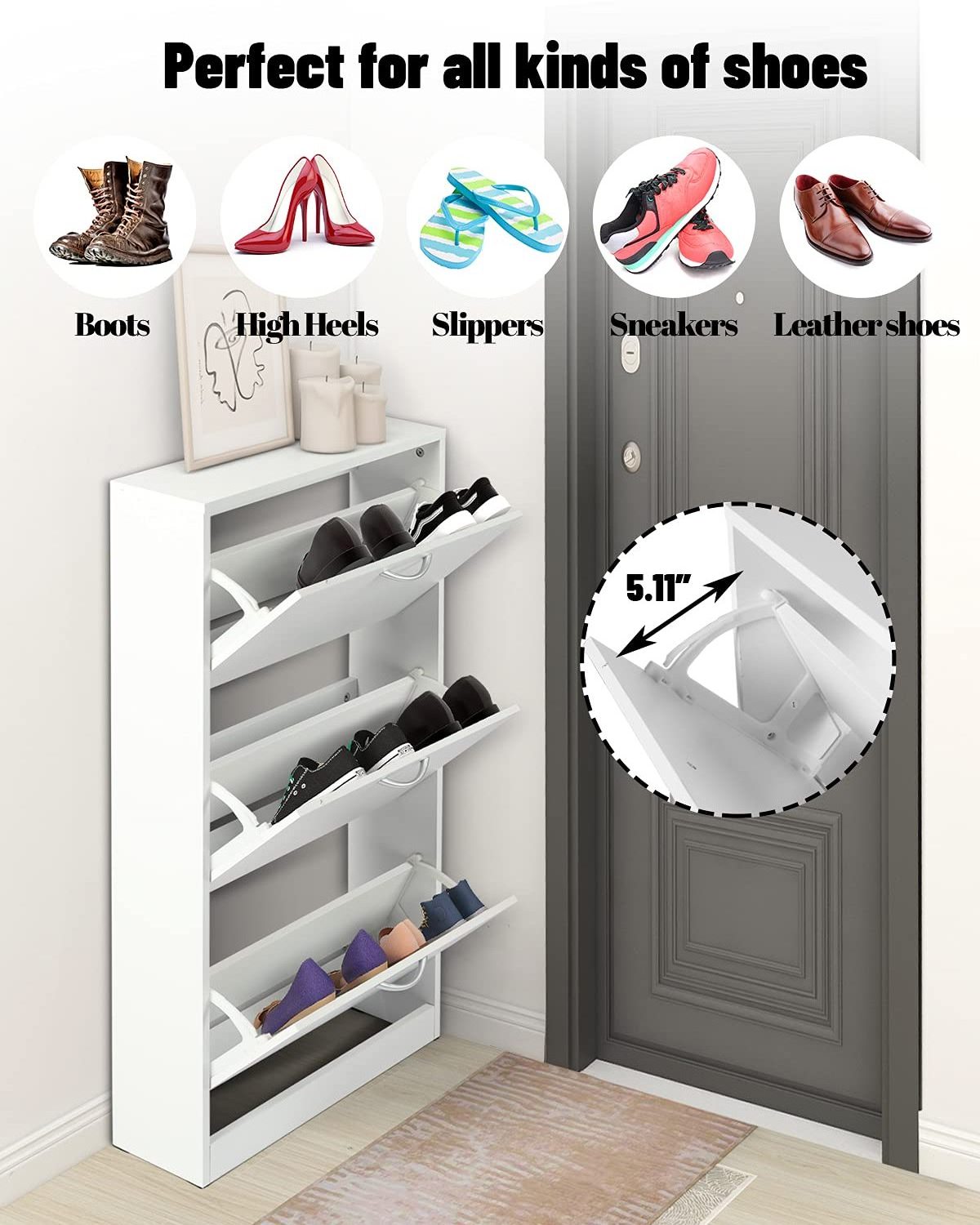 modern design white wood slim super thin flip doors convertible closed entryway rotating wooden organizer shoes rack storage ca