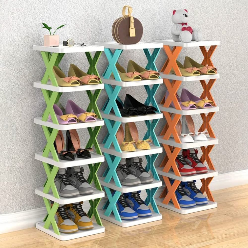 orange Vertical plastic Standing Multi 6 tiers Portable Folding adjustable foldable corner tower smart shoes Organizer racks