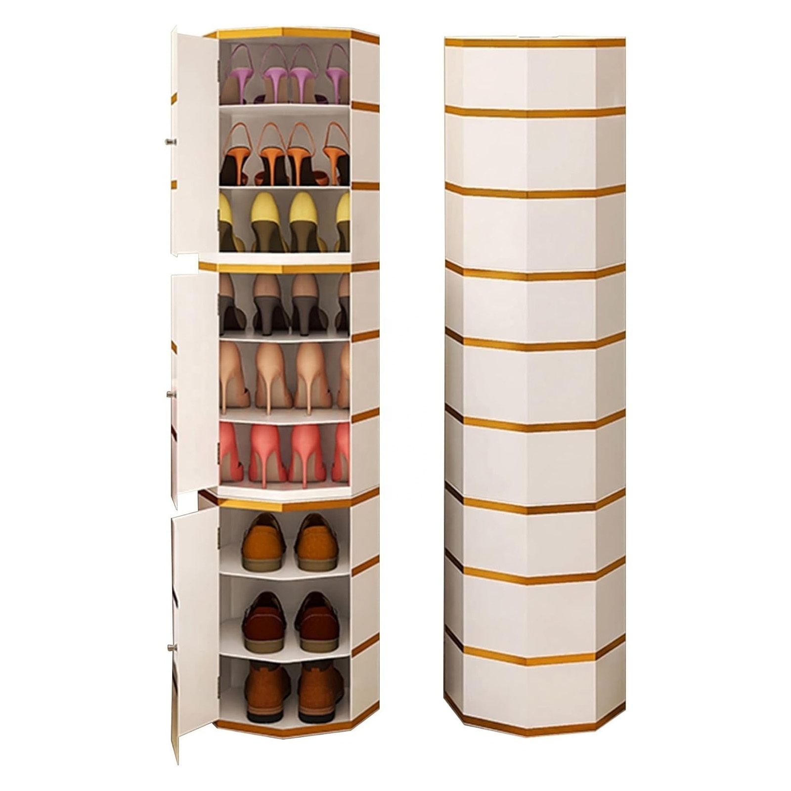 Multifunctional wooden white Round 7tiers Freestanding rotating 360 Degree shoe rack storage Organizer cabinet on Wheels