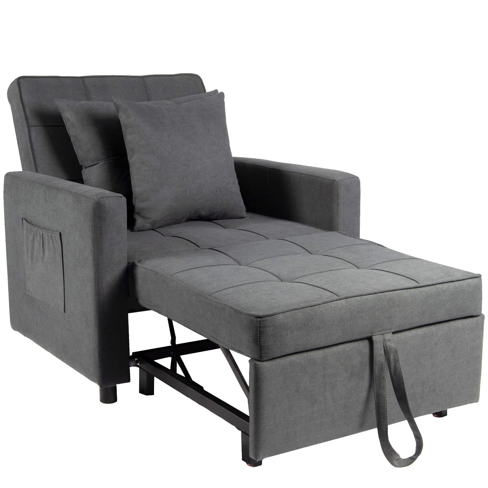 modern Linen Dark Grey small folding pull out recliner living room sleeping couch sofas armchair beds with adjustable Ottoman