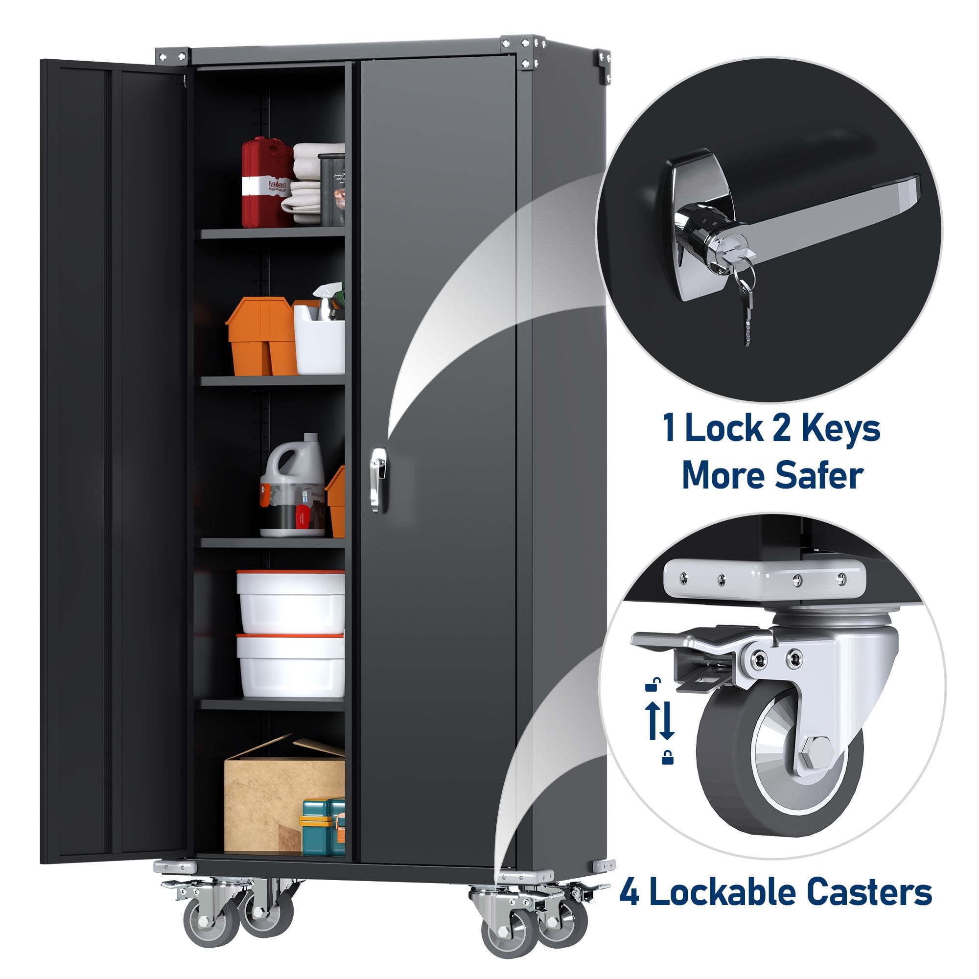 heavy duty Adjustable black metal Mobile laundry Office tool workshop garage cabinets storage with swing doors 4 shelves