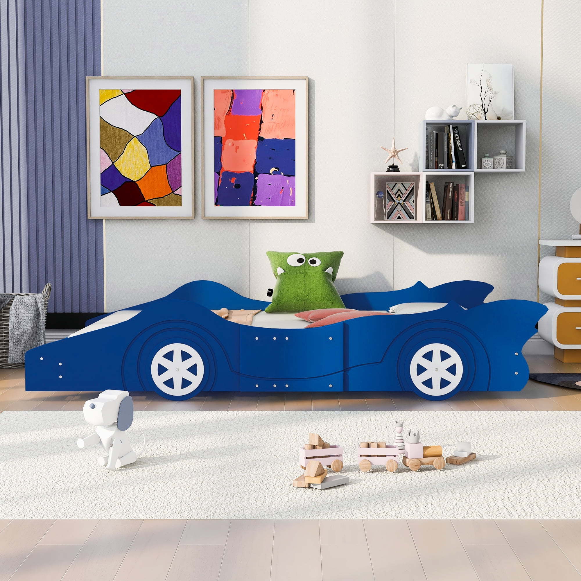 Cheapest wooden race shaped kids bedroom frame twin single beds car furniture set for children boys with wheels storage