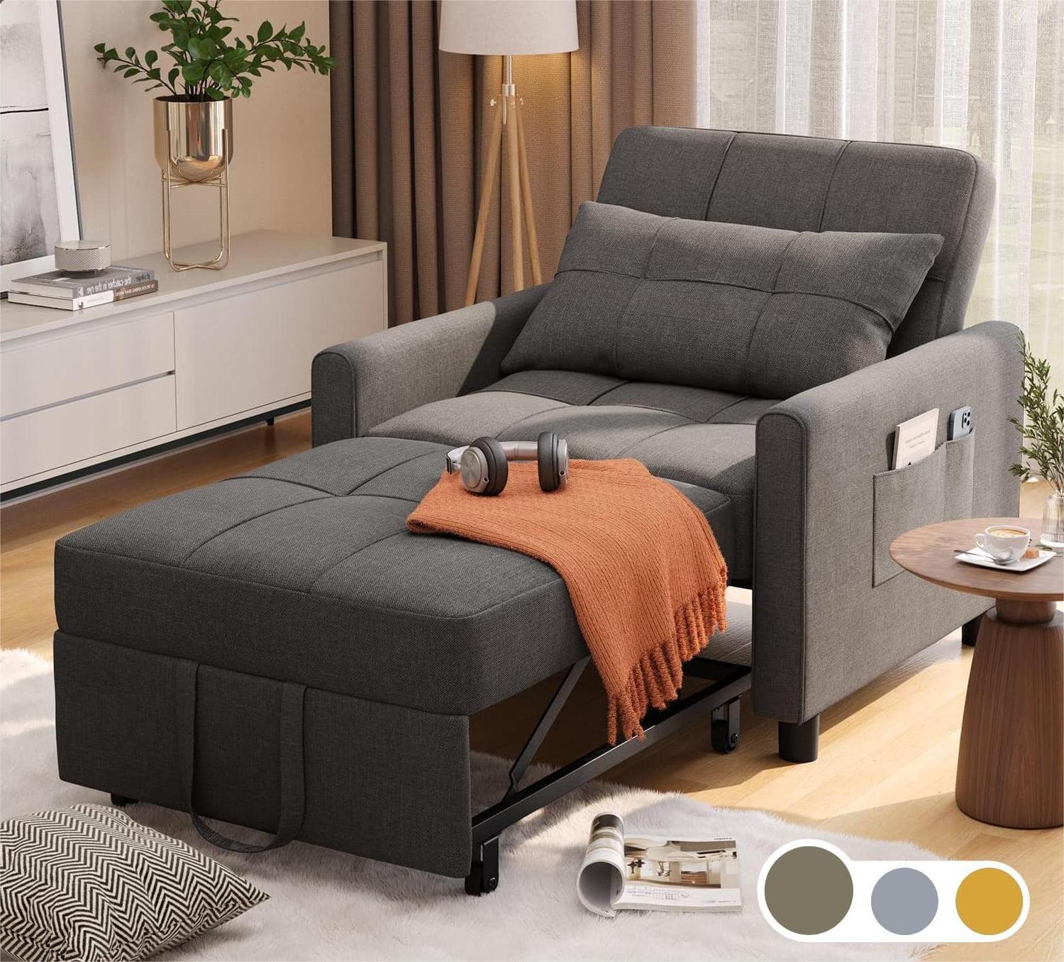 modern Linen Dark Grey small folding pull out recliner living room sleeping couch sofas armchair beds with adjustable Ottoman