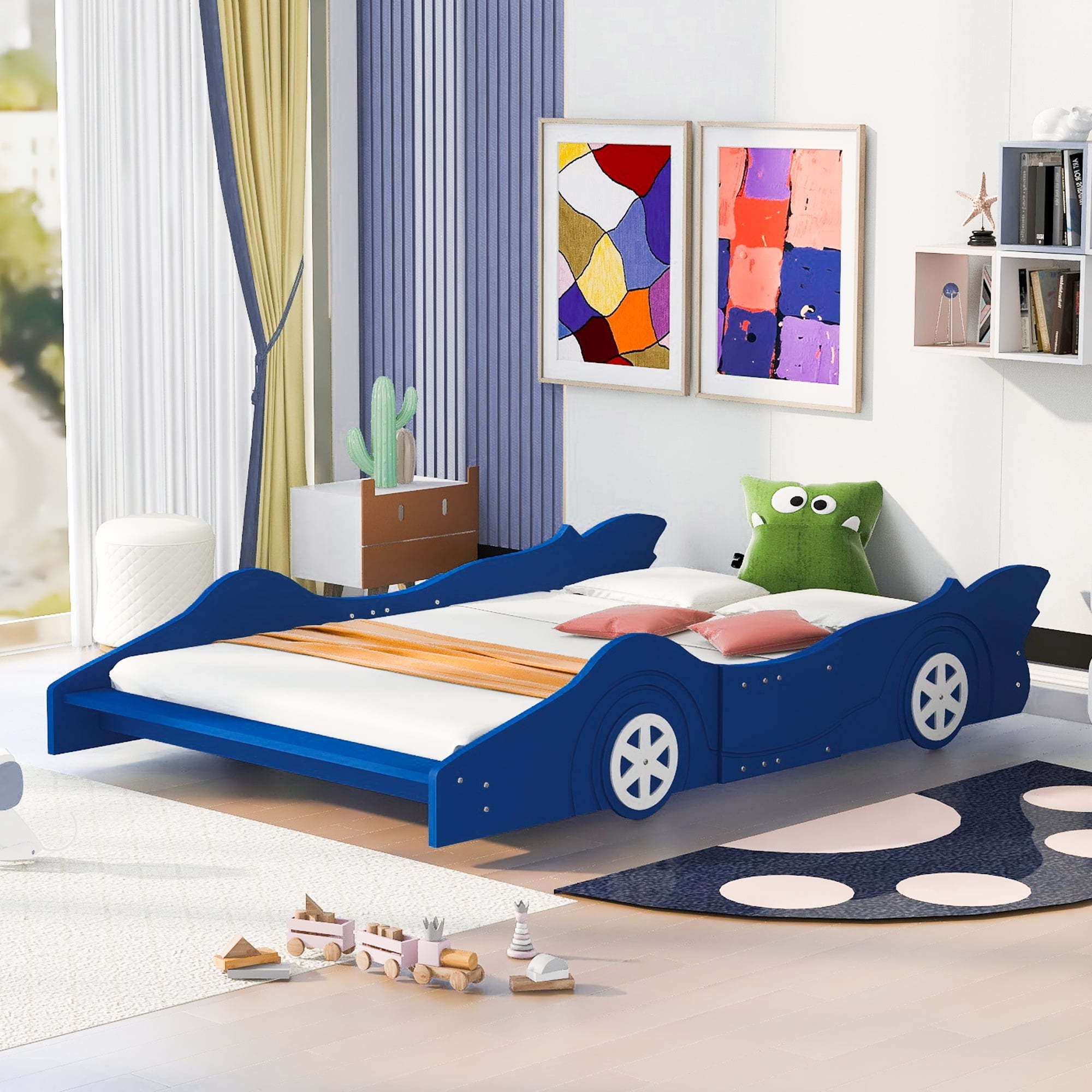 Cheapest wooden race shaped kids bedroom frame twin single beds car furniture set for children boys with wheels storage