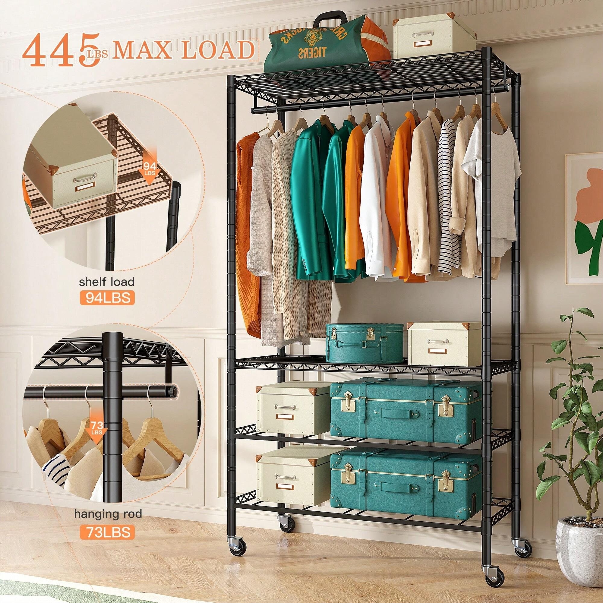 Heavy Duty home hanging Metal Wardrobe Closet clothes standing shelves Wire racks & rails for clothing store with wheels drawers