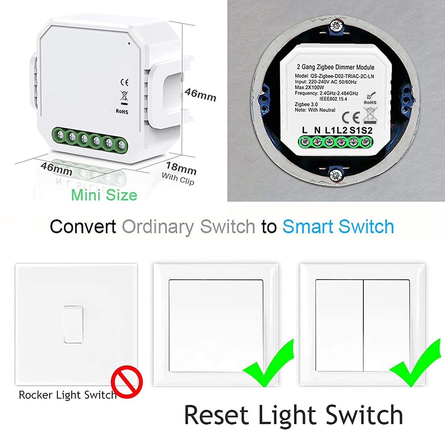 Zigbee 3.0 Smart Light Switch,Smart Home Automation Diy Module Breaker Support 2 Way Control,Works With Alexa Google Home