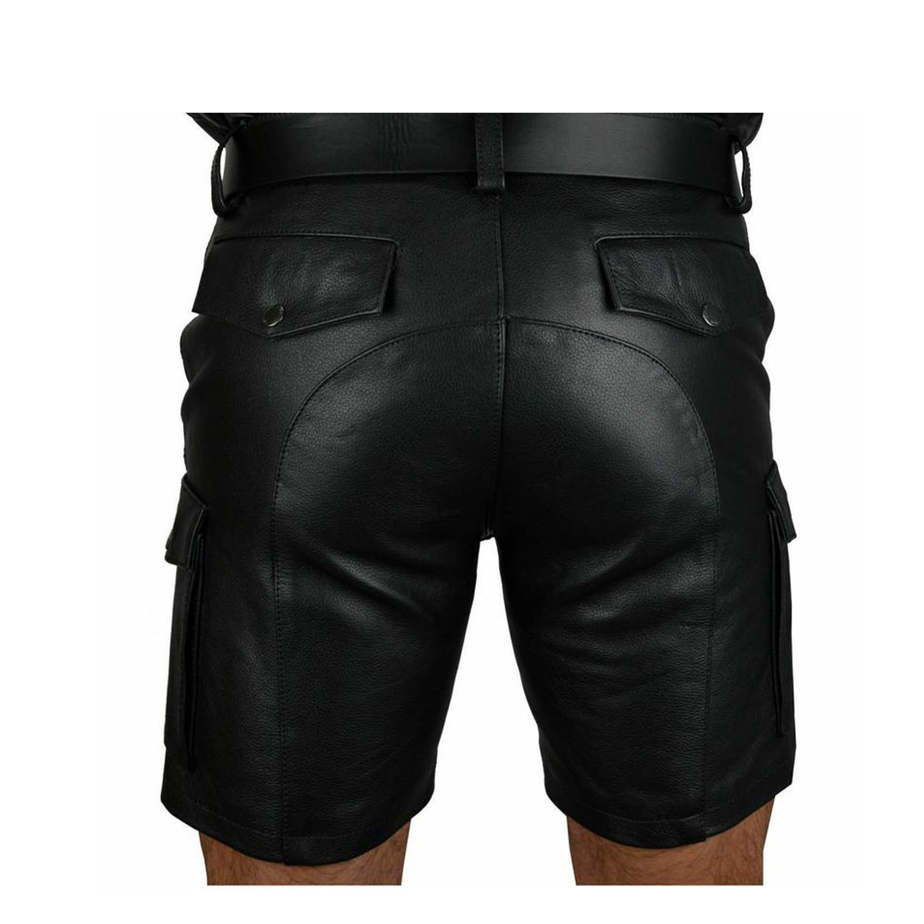 Custom Men's Black Real Leather Cargo Shorts Quick Dry Mesh Fabric Solid Pattern Club Wear with Pockets Casual Shorts