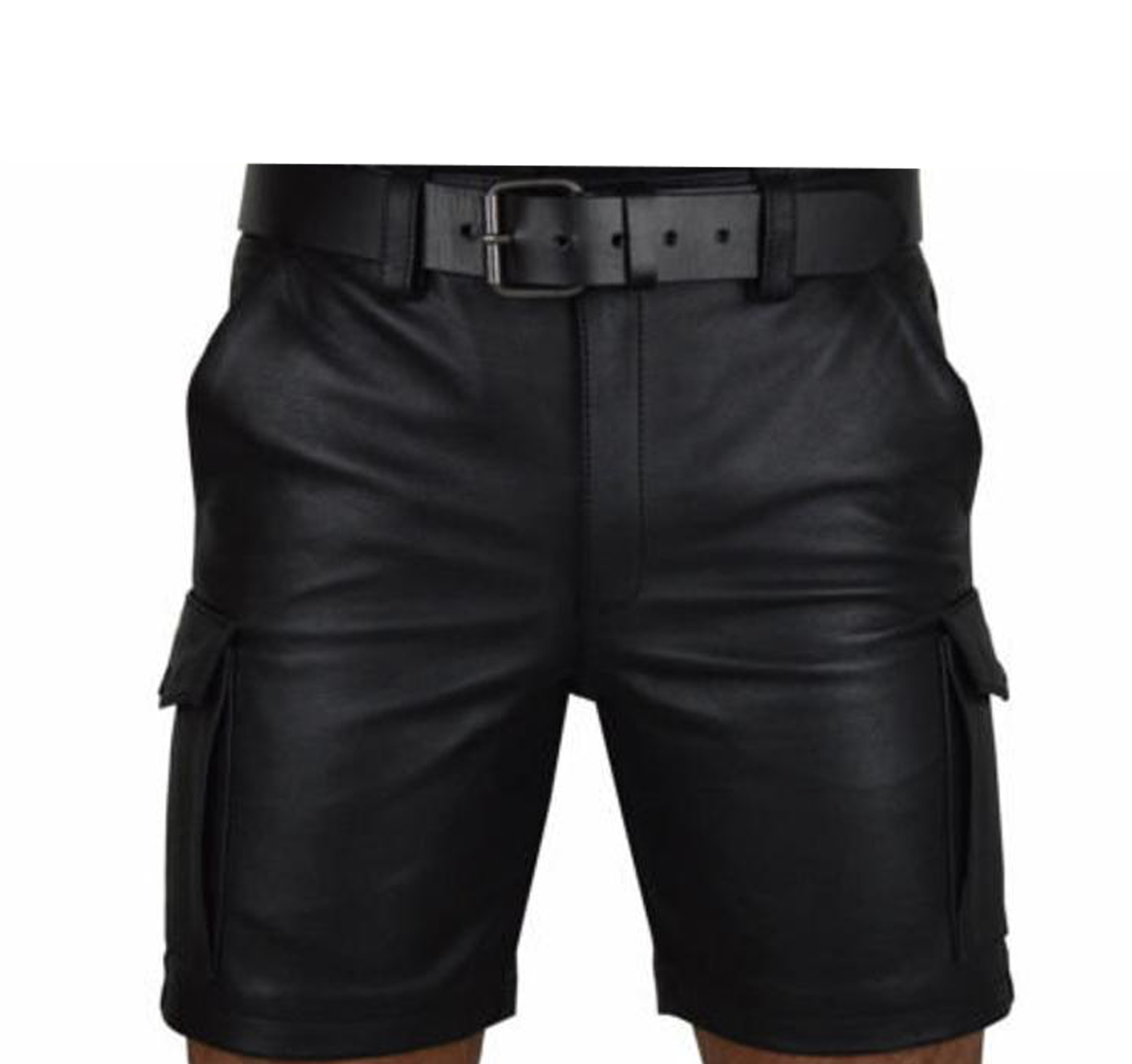 Custom Men's Black Real Leather Cargo Shorts Quick Dry Mesh Fabric Solid Pattern Club Wear with Pockets Casual Shorts