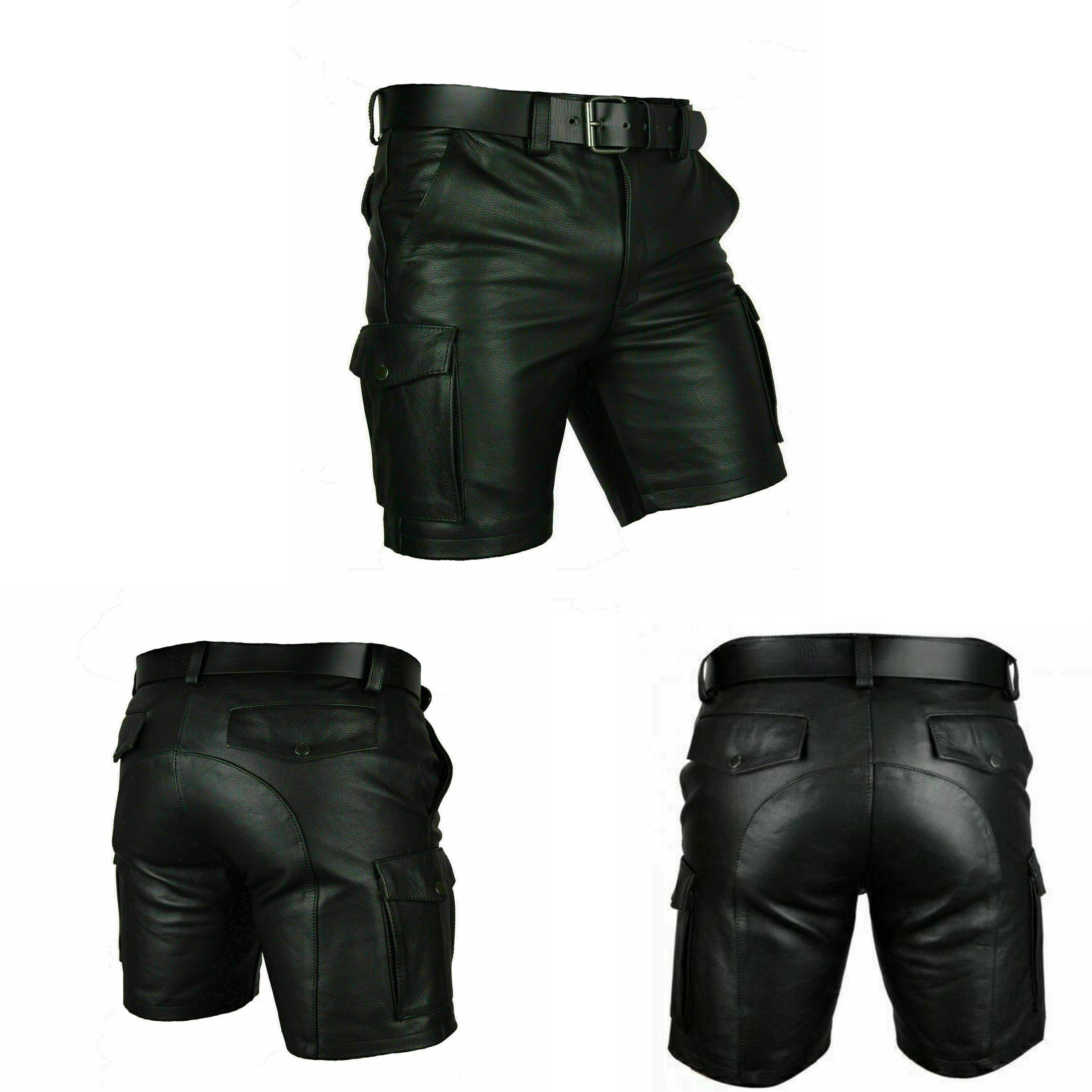 Custom Men's Black Real Leather Cargo Shorts Quick Dry Mesh Fabric Solid Pattern Club Wear with Pockets Casual Shorts