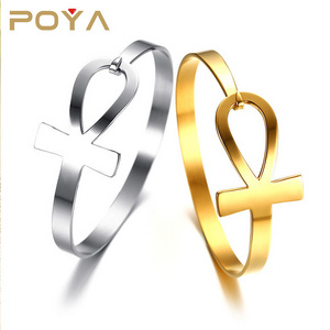 POYA Jewelry Stainless Steel Egyptian Ankh Cross Key Of Life Open Cuff Bangle Bracelet For Women Comfort Fit