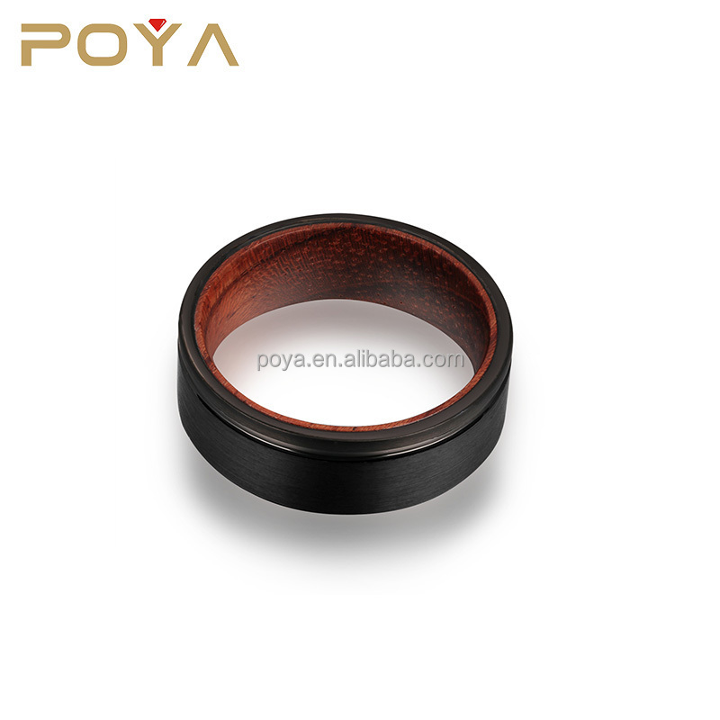 POYA Jewelry Mens Womens 8mm Black Brushed Tungsten Carbide Ring Black Thin Grooved Flat Edge Wood Inlay Wedding Band